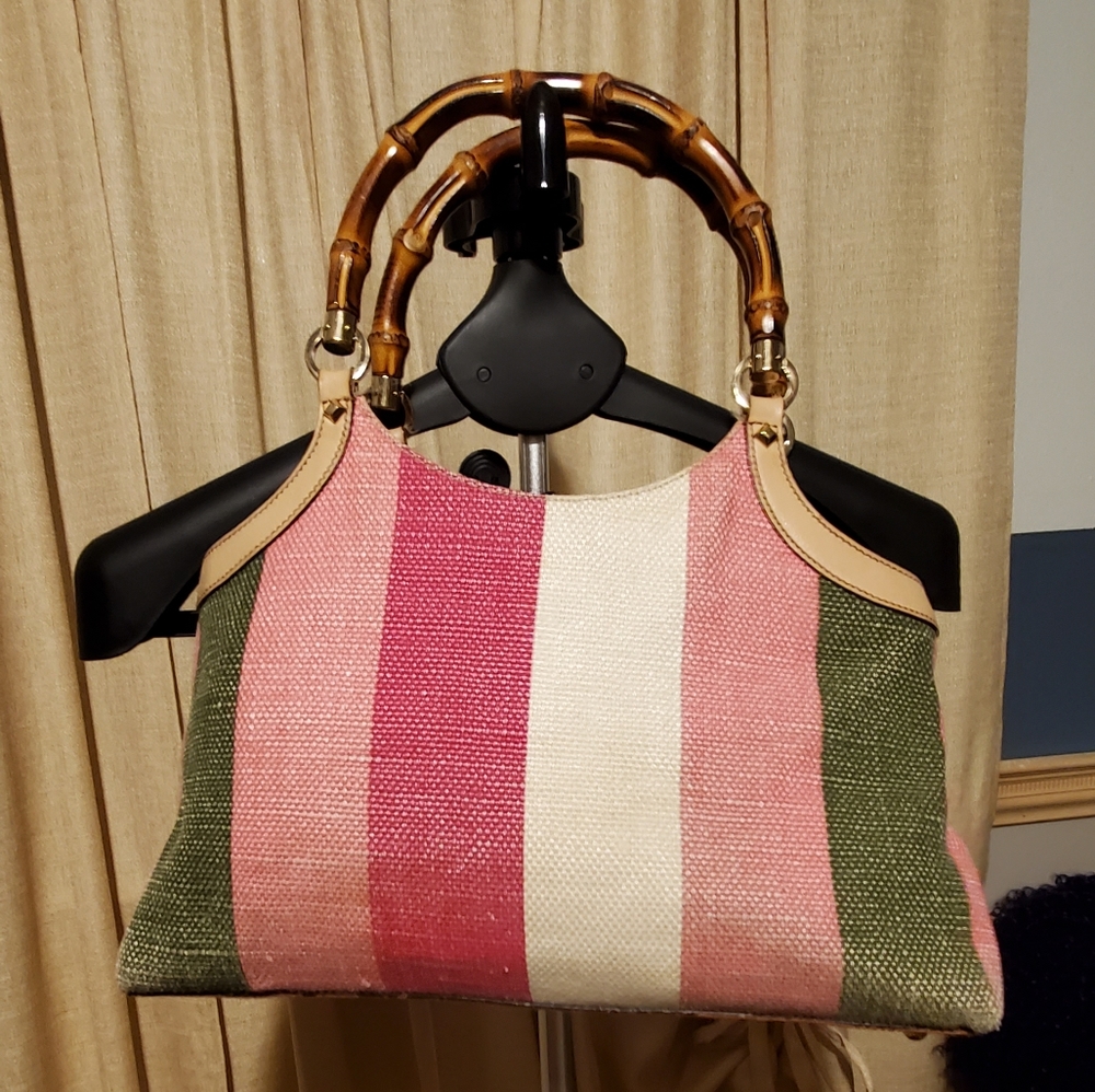 Gucci tote, bamboo handle, pink, green, white